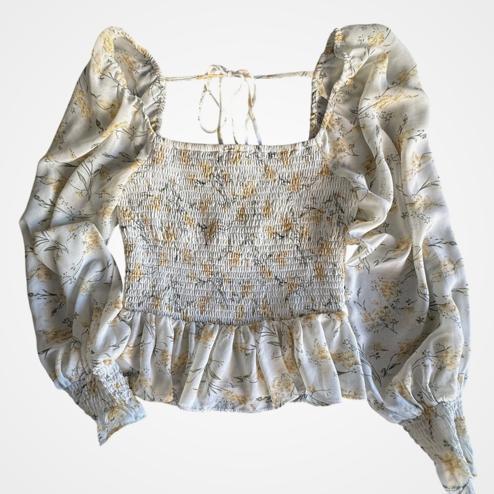 Lucy Paris Floral Smocked Peplum Top Yellow Cream Long Sleeve Square Neck Small